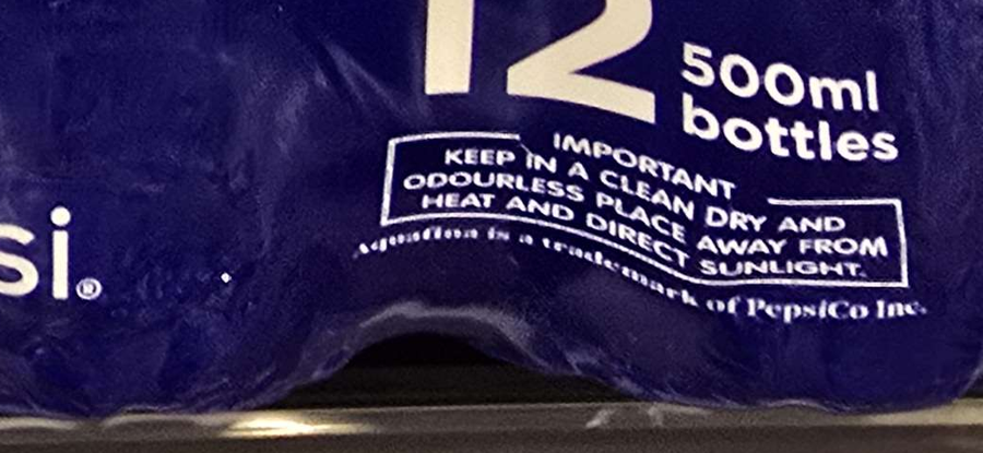 Pepsi/Aquafina pack: Keep away from heat and direct sunlight